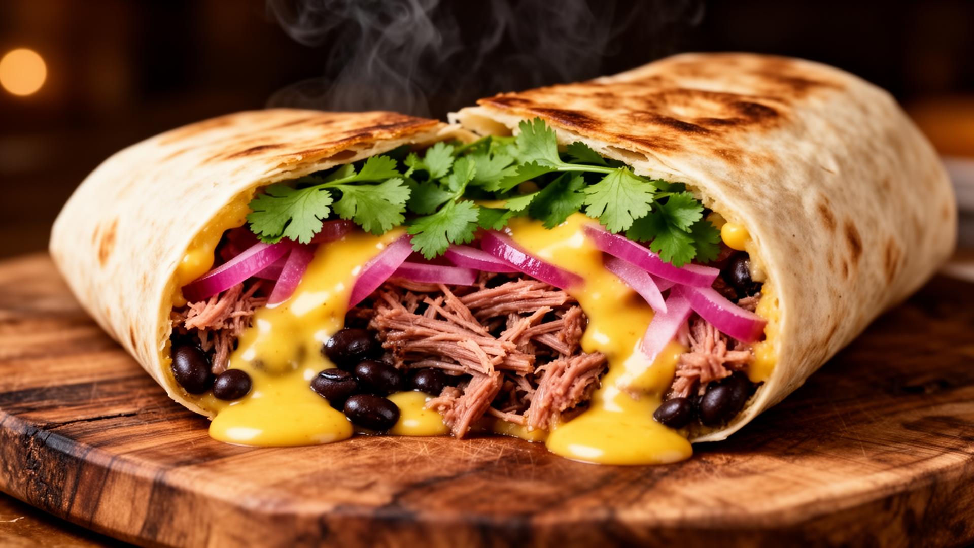 Giant smoked brisket burrito with melted queso